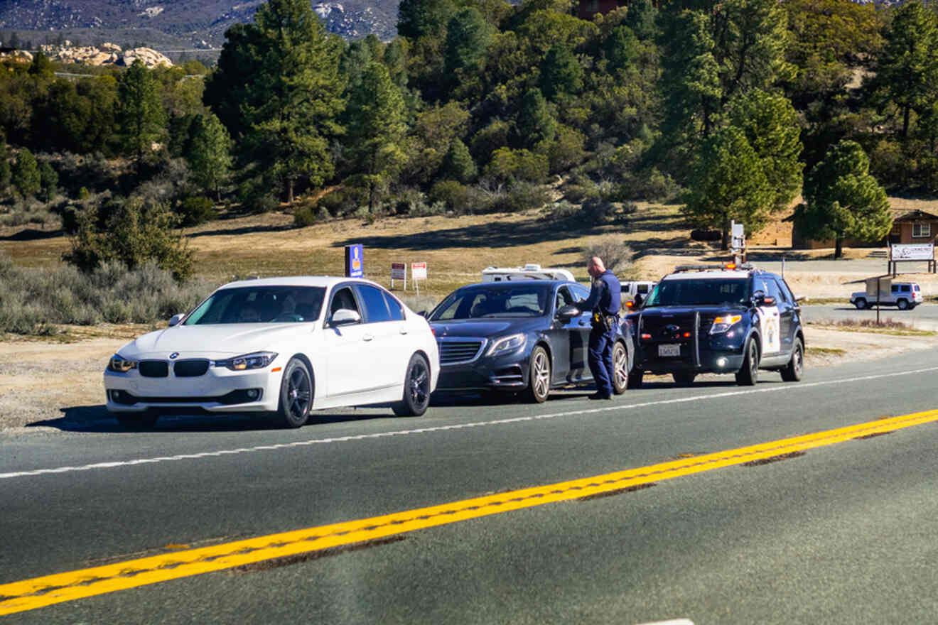 Two police cars on the side of a road with mountains in the background.