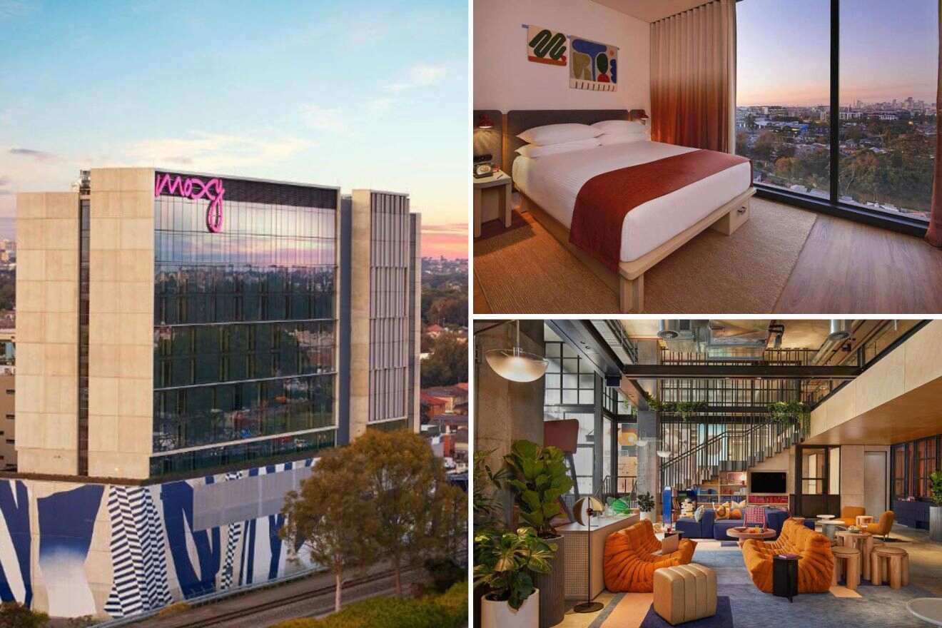 collage of 3 images with: hotel's building, bedroom and lounge