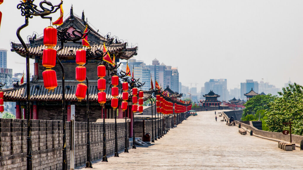 Xian ancient city wall with pagodas.