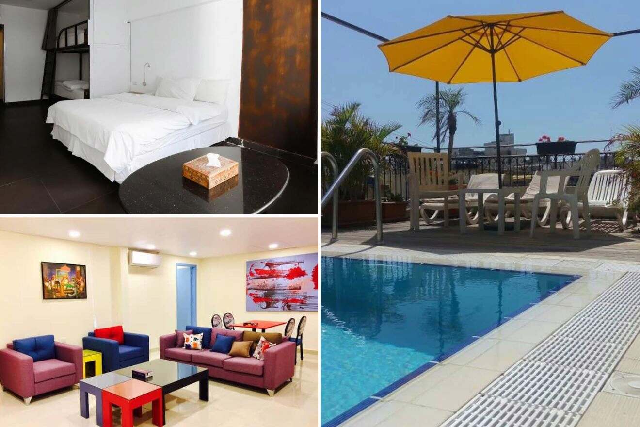 a collage of three hotel photos: bedroom, living room, and outdoor pool