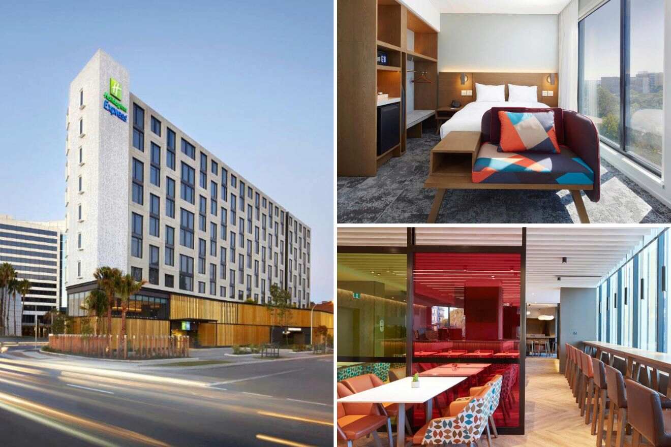 collage of 3 images with: hotel's building, bedroom and restaurant