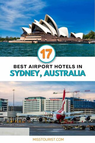 collage of 2 images with: plane at the airport and the opera house in sydney