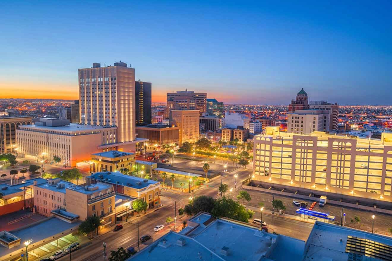 A city skyline at dusk