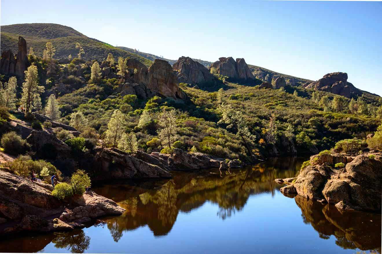 A lake surrounded by rocks and trees.