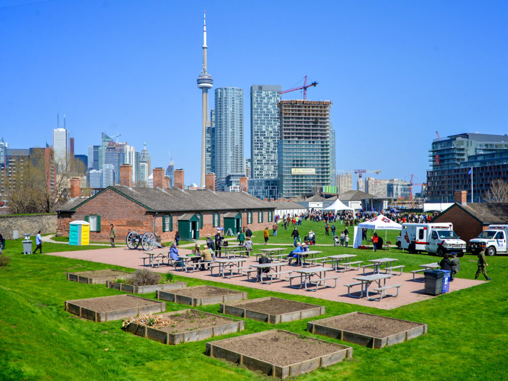 Fort York National Historic Site with visitors on April 27, 2013 in Toronto, Canada. The fort was built over 200 years ago by the British to defend the settlement against newly independent United States.