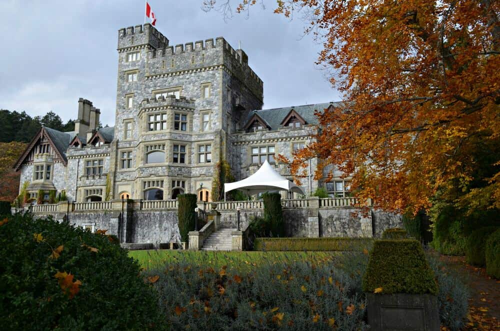 Hatley Castle framed by orange trees