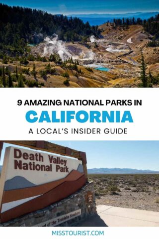 collage of 2 images with: death valley national park sign and aerial view over Bumpass Hell