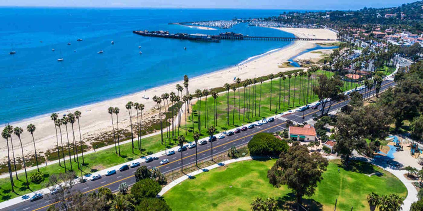 aerial view over street next to the beach with greenery and palm trees