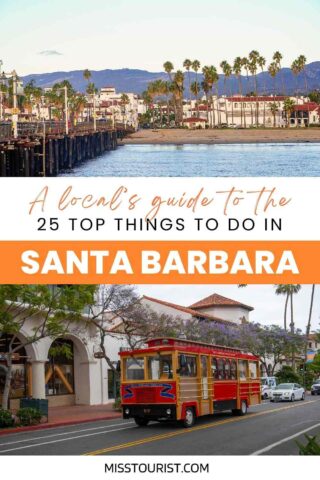 collage of 2 images with: santa barbara pier with buildings and palm trees in the background and a trolley on the road