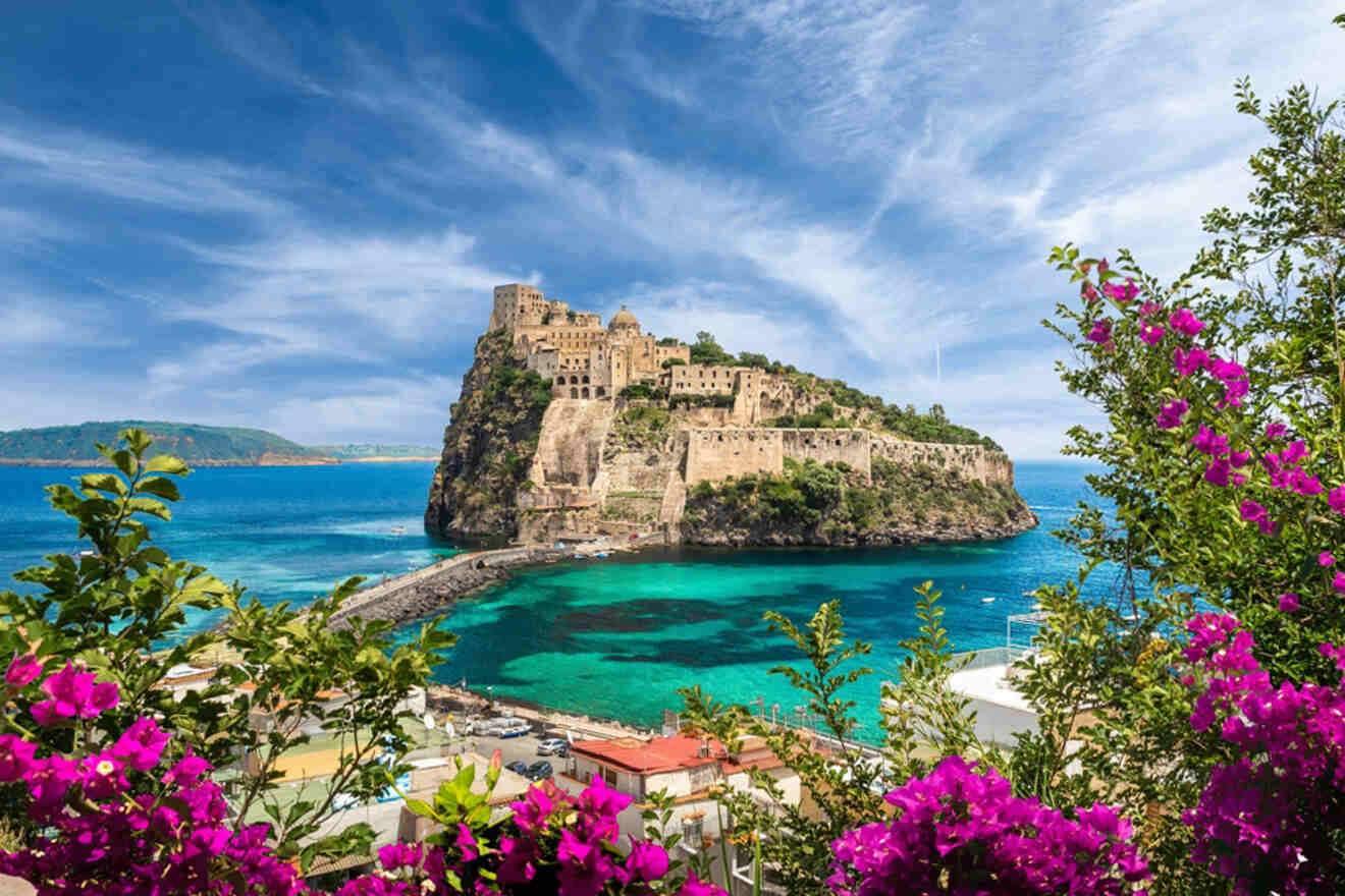 A castle on a hill overlooking the ocean and purple flowers.