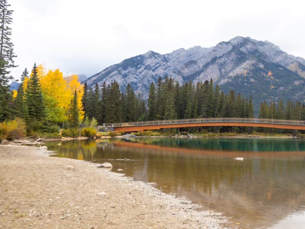 bridge going over bow river with fall foliage and mountain the background