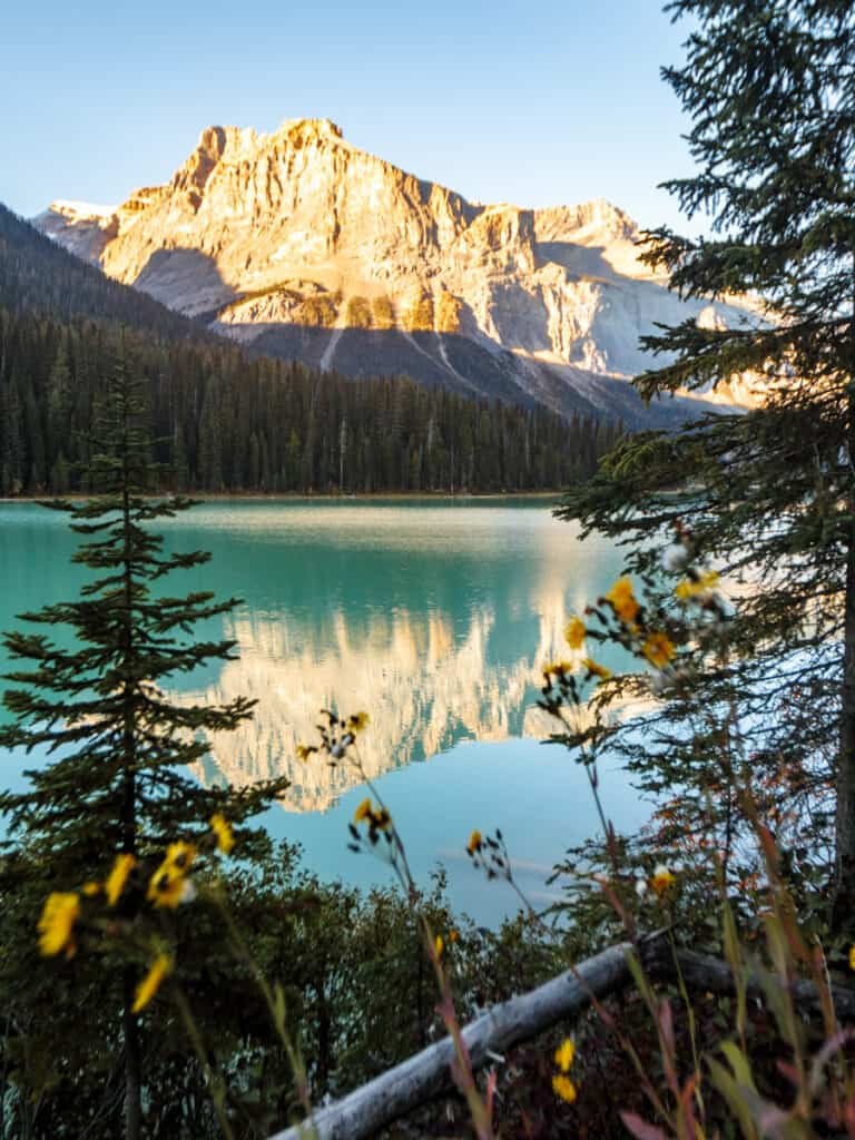 reflections of snowy peak in emerald lake