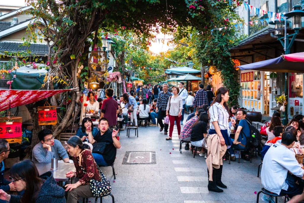 Fuzhong street view with people in Tainan Taiwan