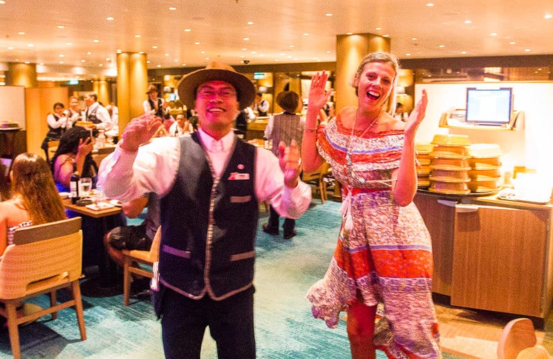 caz Dancing with the staff in Horizons Restaurant on Carnival Vista