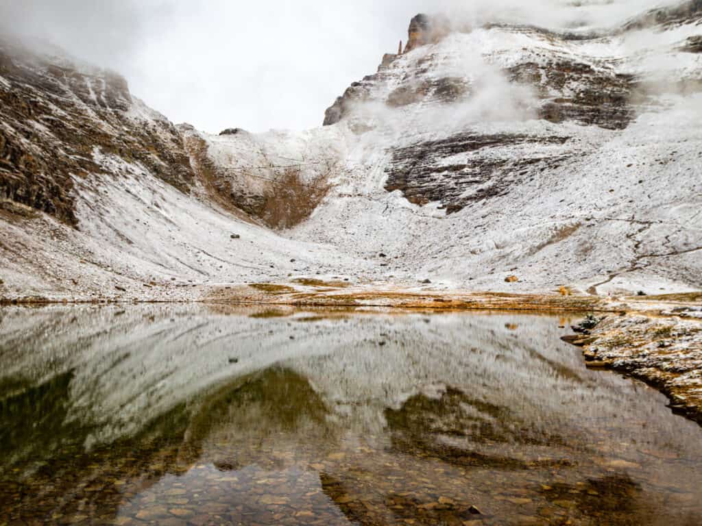 reflections in lake with snow covered mountains