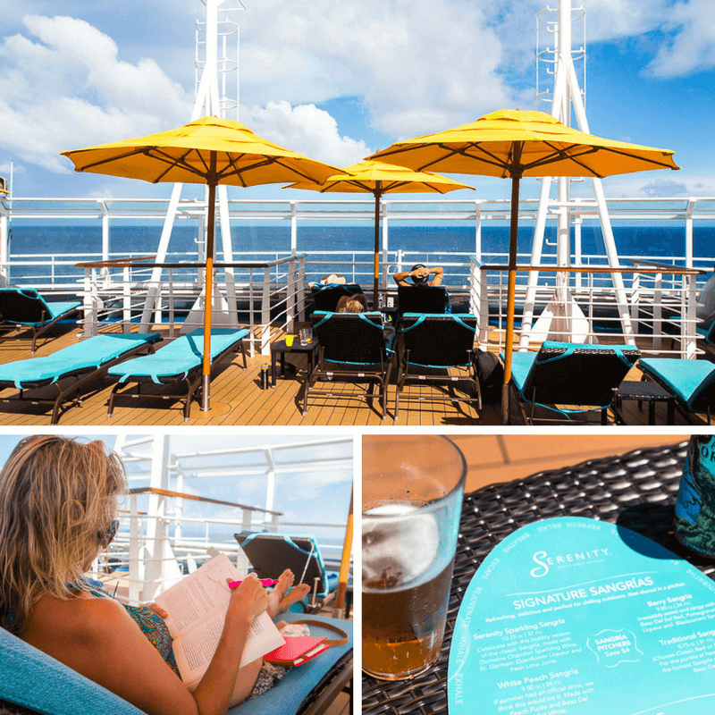 lying on lounge chairs on Serenity deck on board Carnival Vista