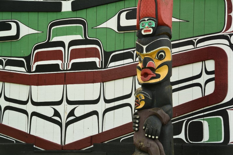 Totems in front of mural