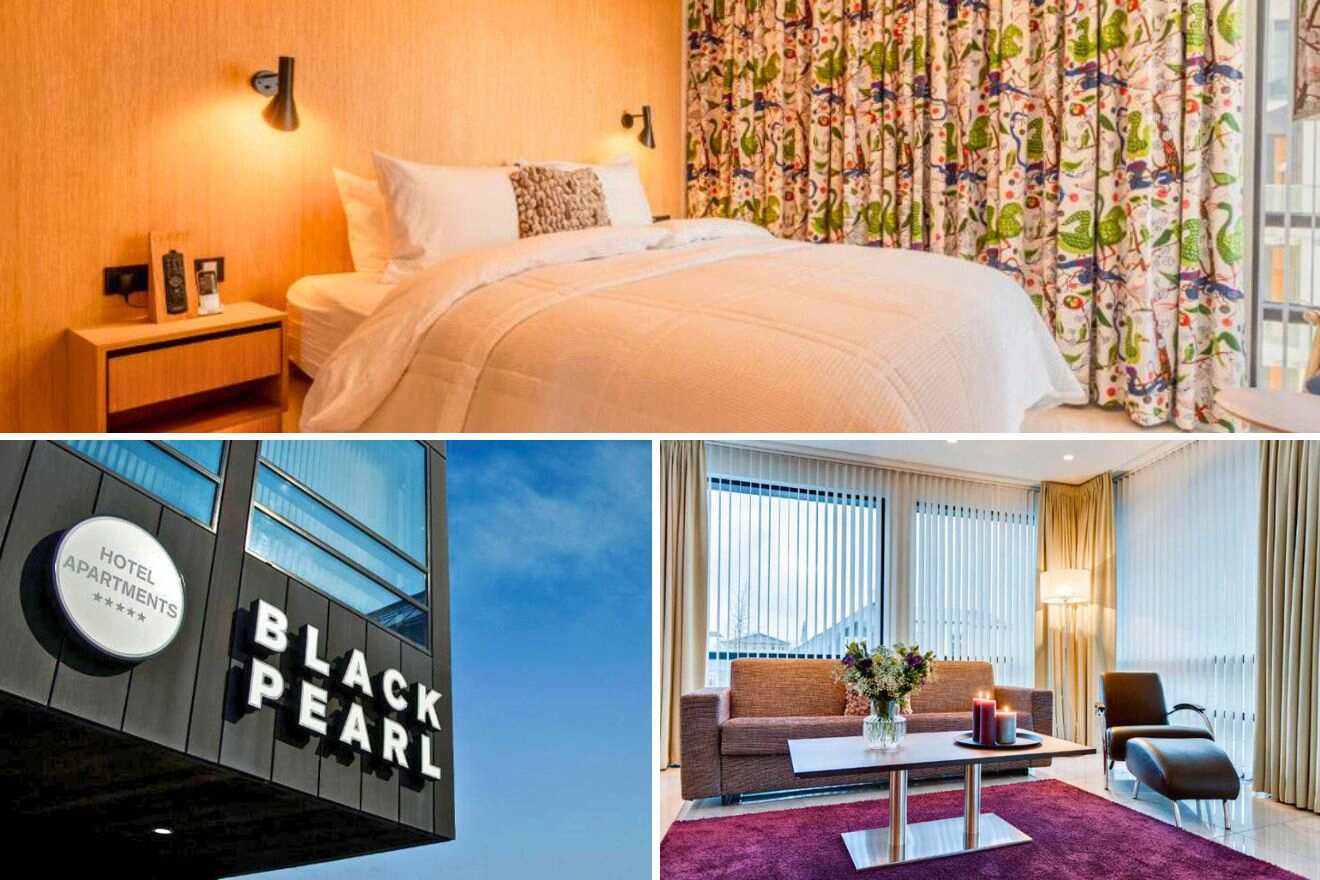 collage of 3 images with: bedroom, lounge and hotel's building