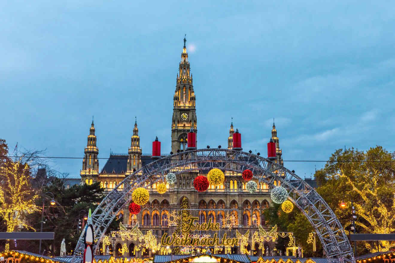 Entrance to a Christmas market in front of a cathedral