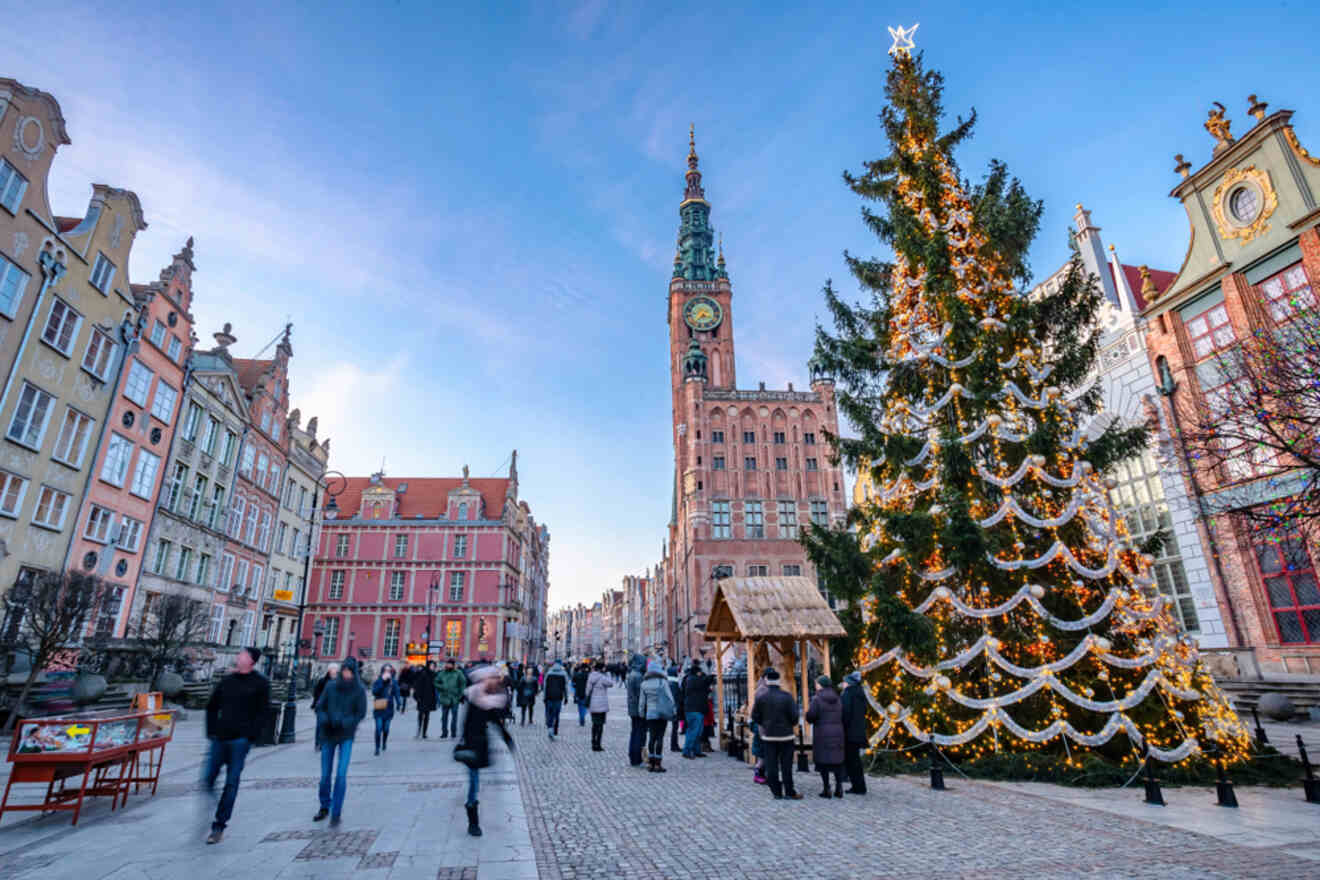 people standing next to a tall Christmas tree on a square