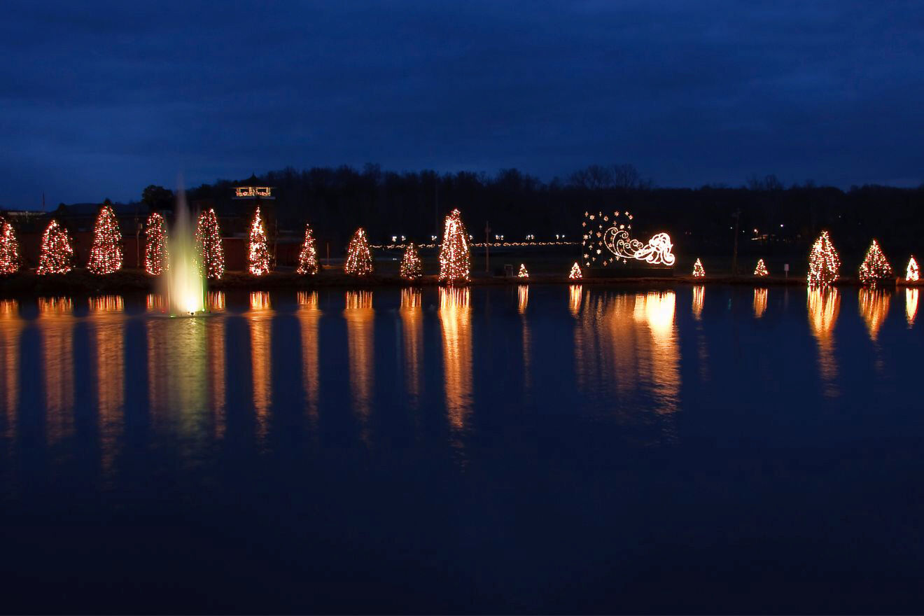 a lake surrounded by Christmas trees with twinkling lights