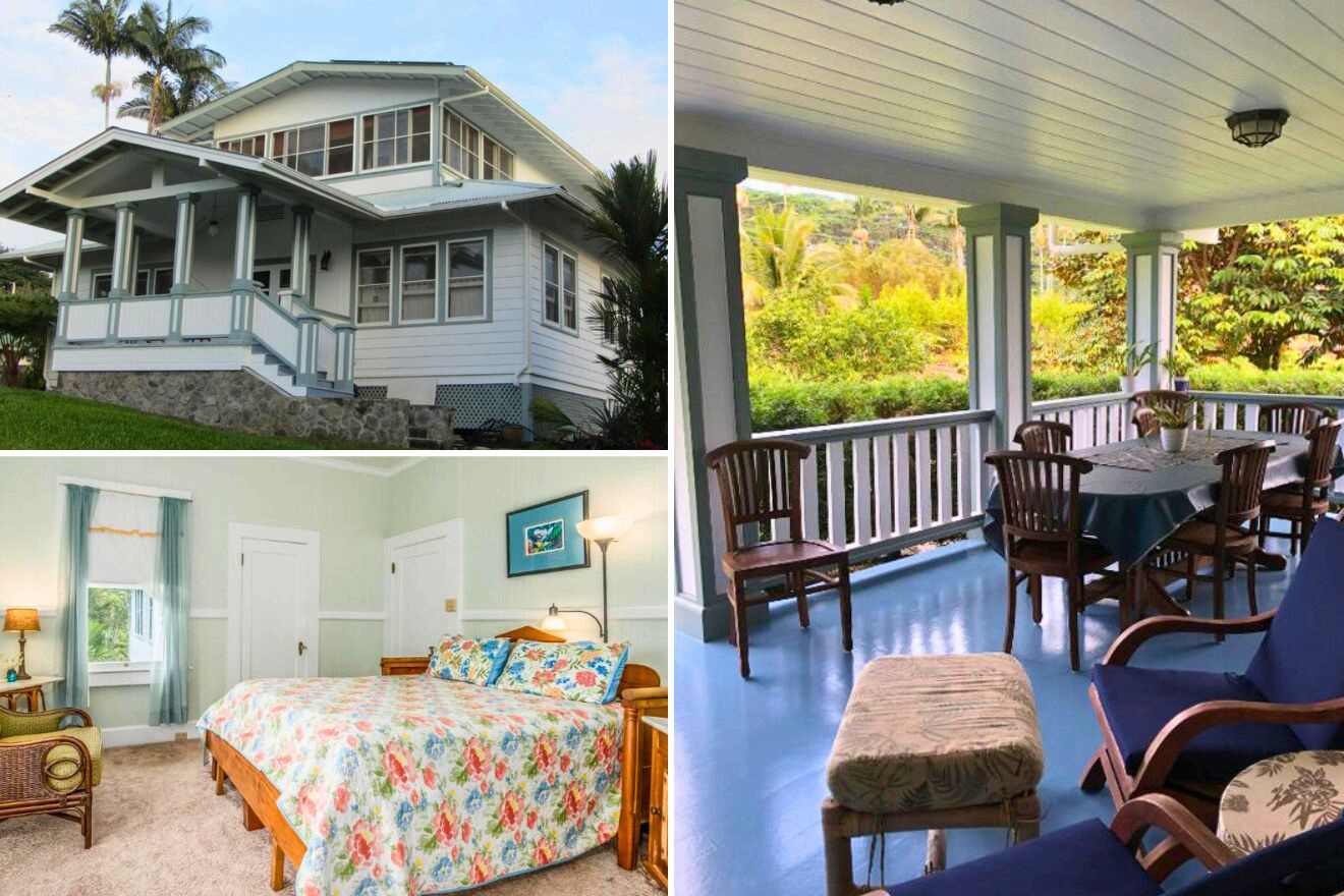 collage of 3 images with: bedroom, hotel's building and dining table on the patio