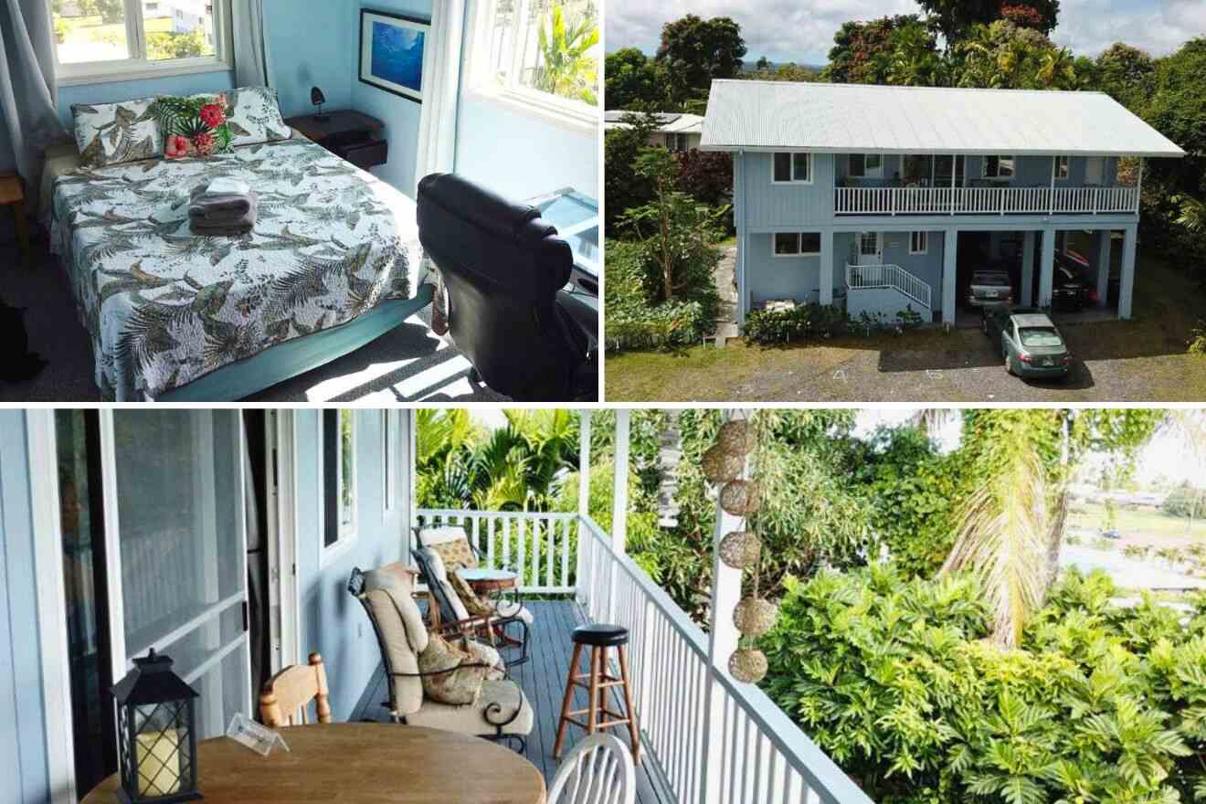 collage of 3 images with: bedroom, hotel's building and chairs and tables on the patio