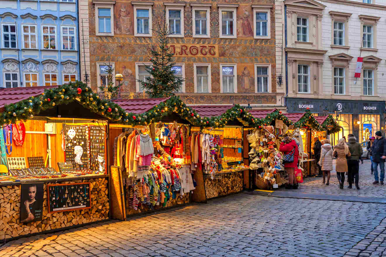 a row of wooden Christmas stalls