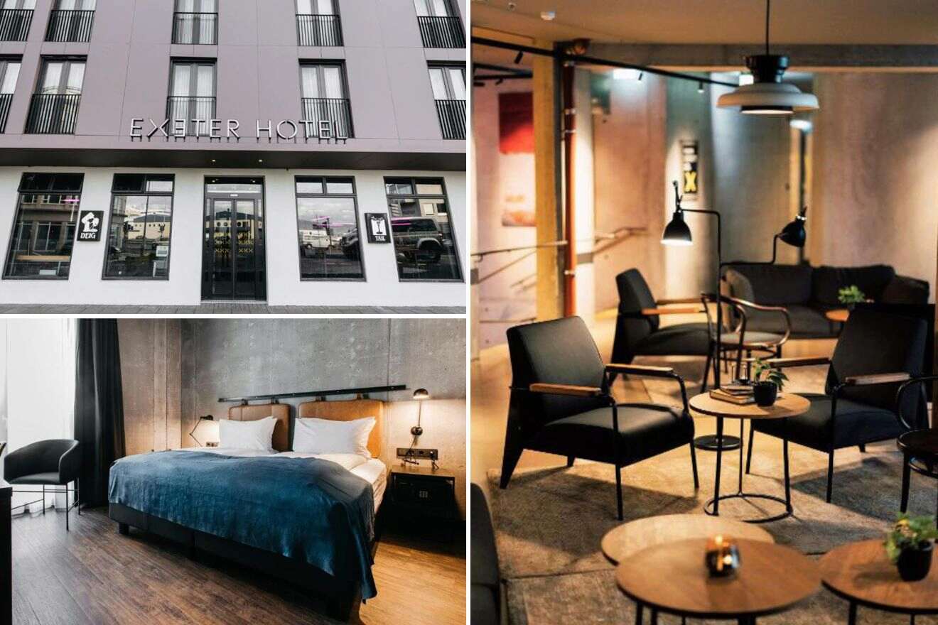 collage of 3 images with: bedroom, lounge and hotel's building