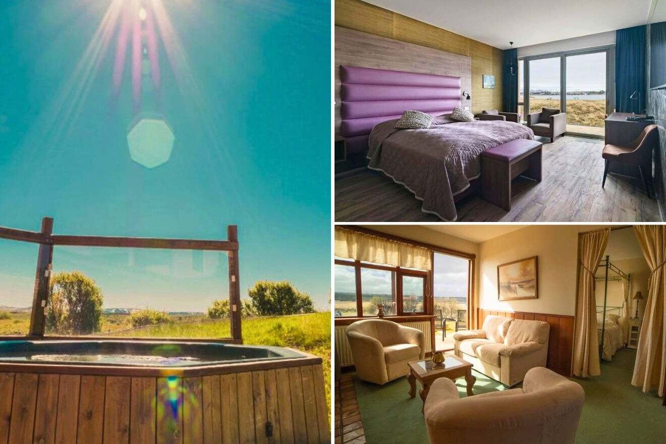 collage of 3 images with: bedroom, lounge and outdoor hot tub