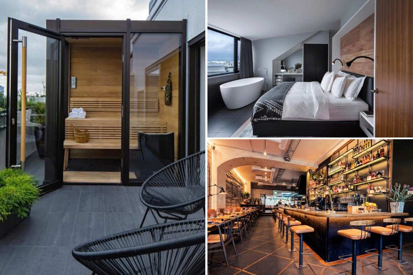 collage of 3 images with: bedroom, spa area and bar with restaurant