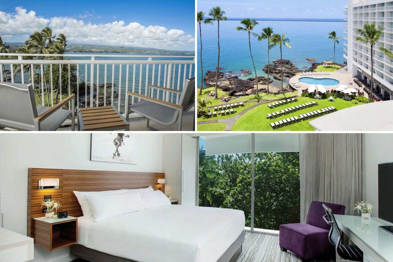 collage of 3 images with: bedroom, aerial view over the hotel and table with chairs on the terrace