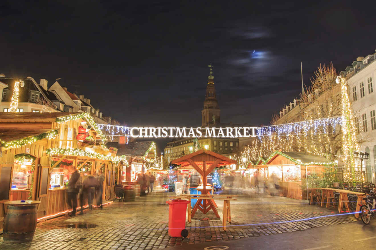 Entrance to a Christmas market on a cobbled street