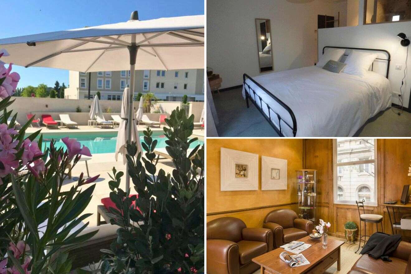 collage of 3 images with: bedroom, lounge and pool view