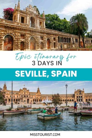 collage of 2 images with: ornate building and tourists in a boat with a large building in the background