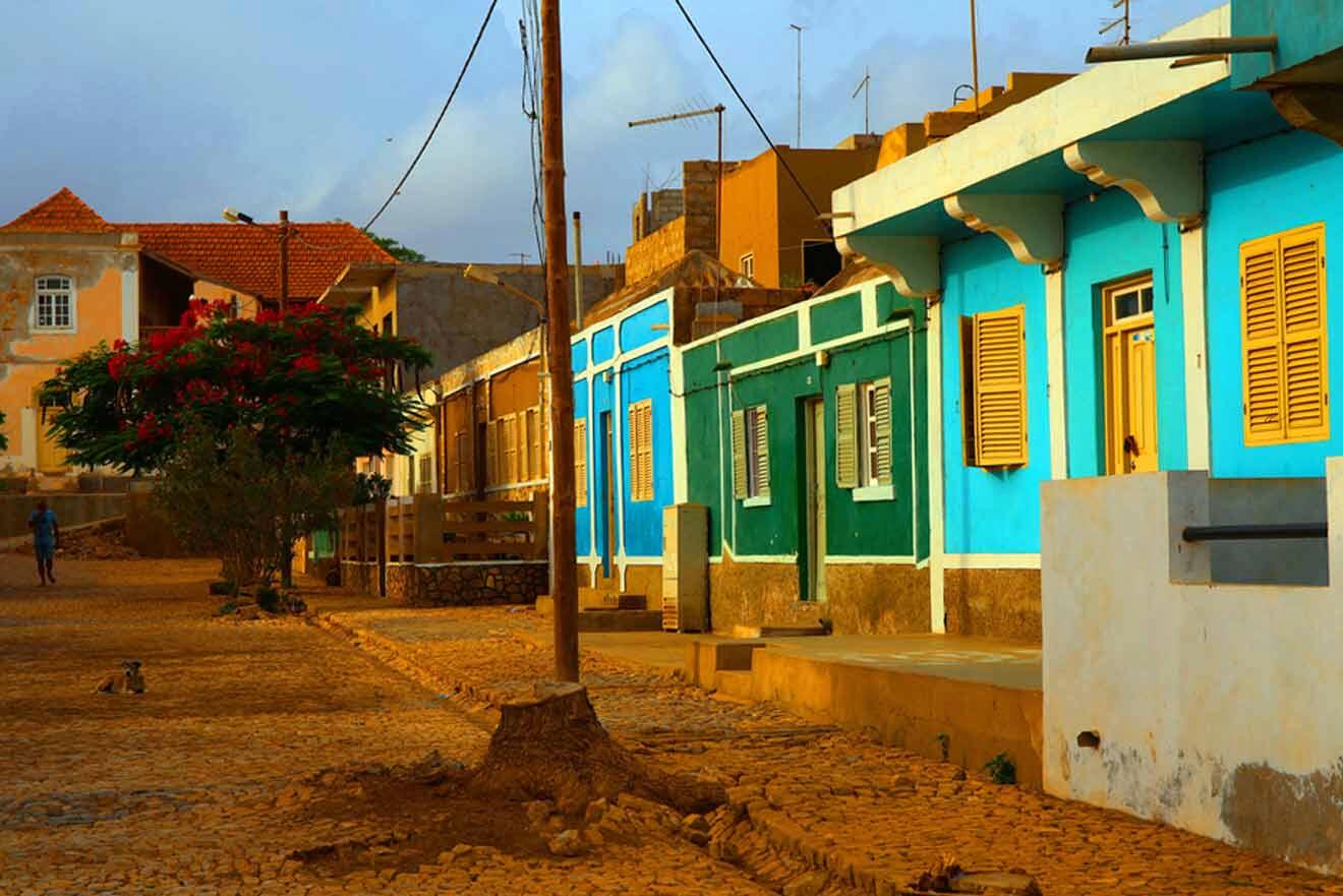 A row of colorful houses on a cobblestone street.