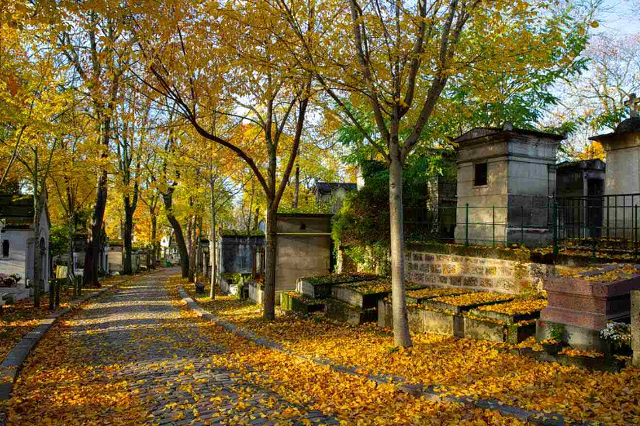 A cemetery in paris with autumn leaves on the ground.