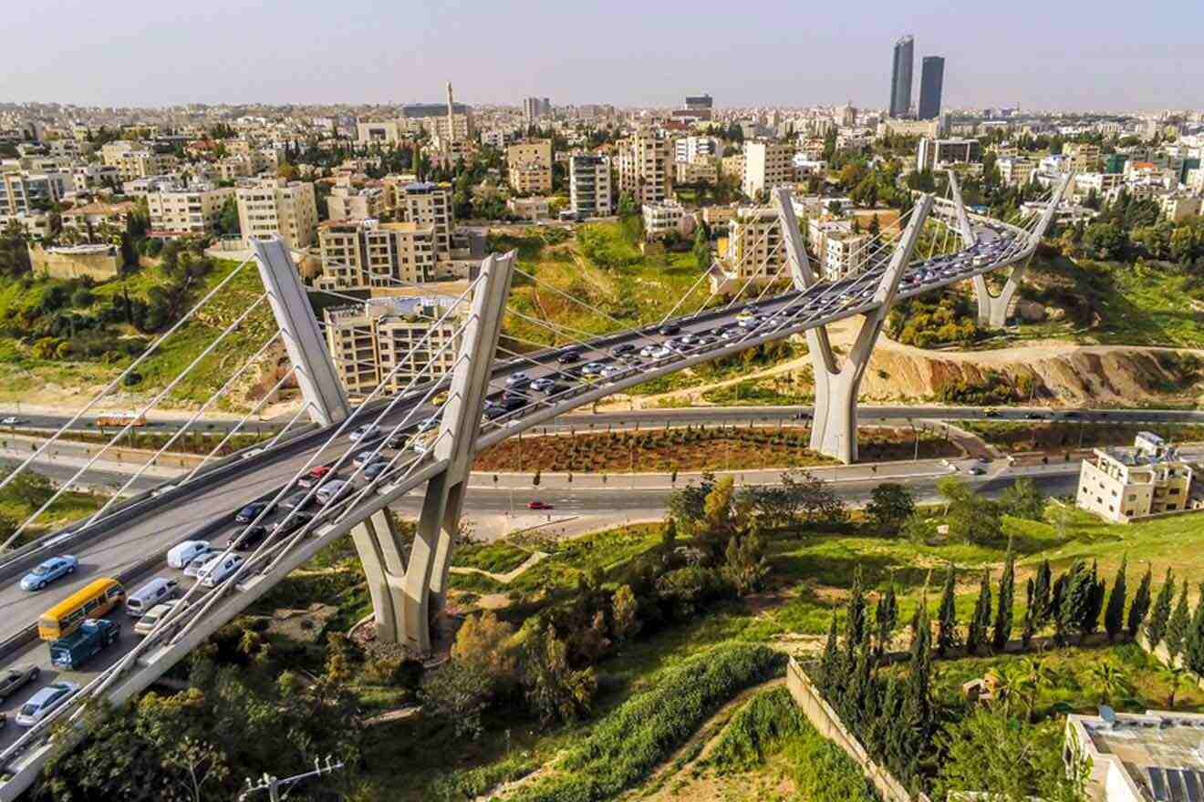 An aerial view of a bridge over a city.