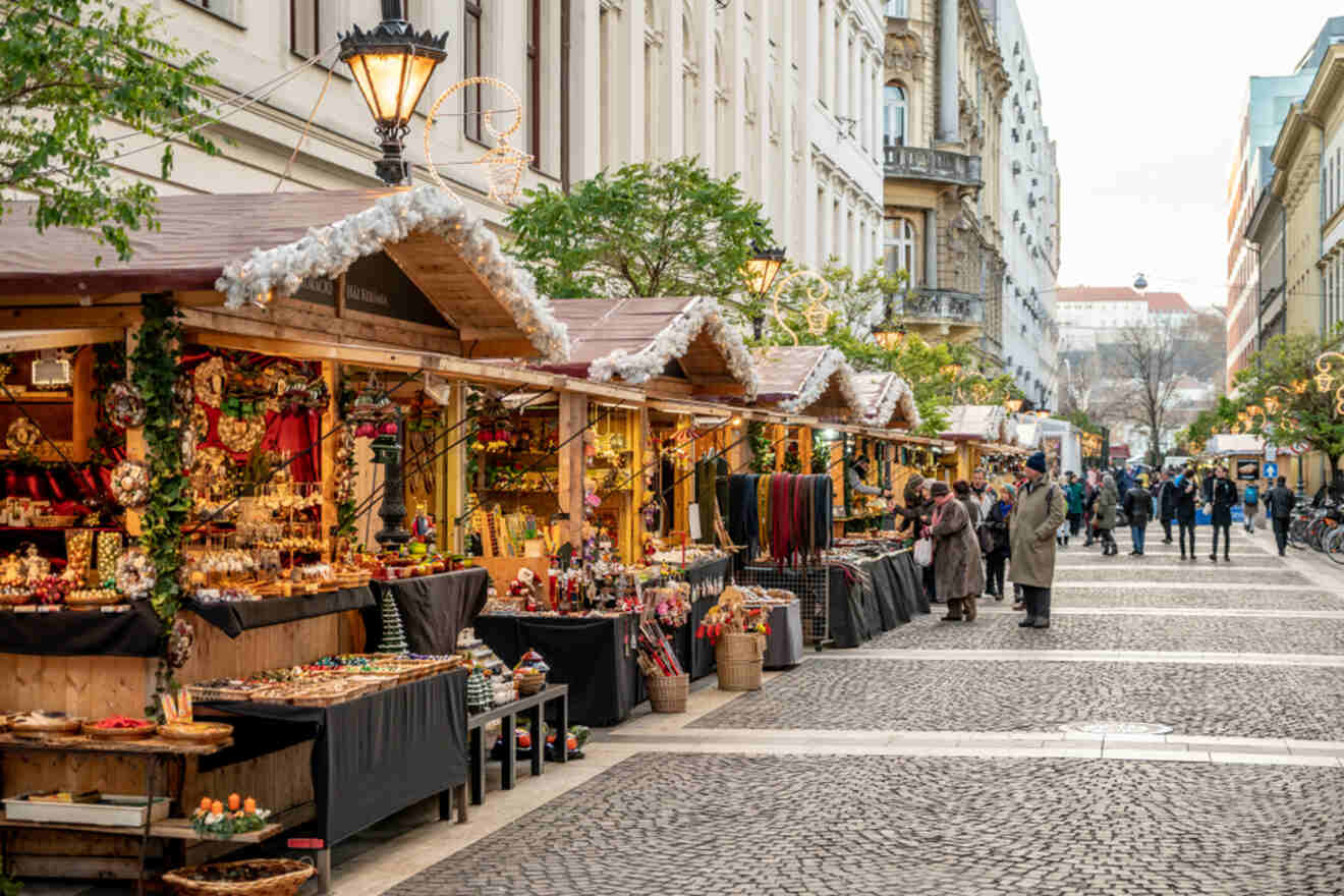 a row of wooden Christmas stalls