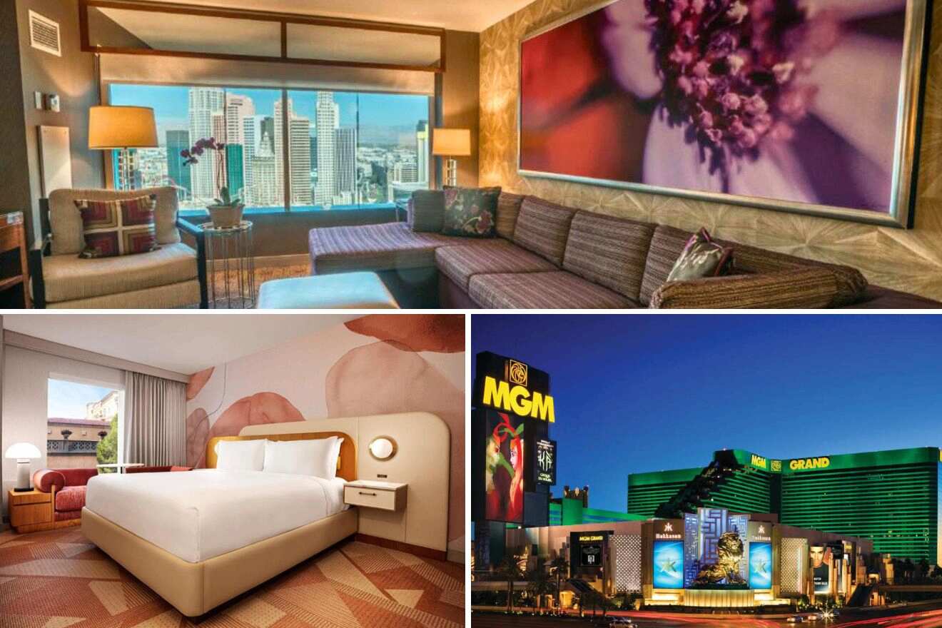 collage of 3 images with: bedroom, lounge area and hotel's building