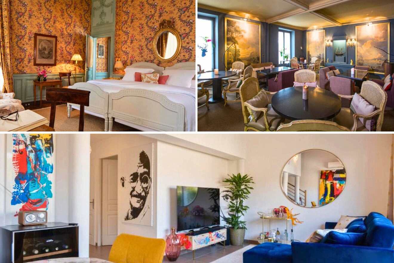 collage of 3 images with: bedroom, lounge and restaurant