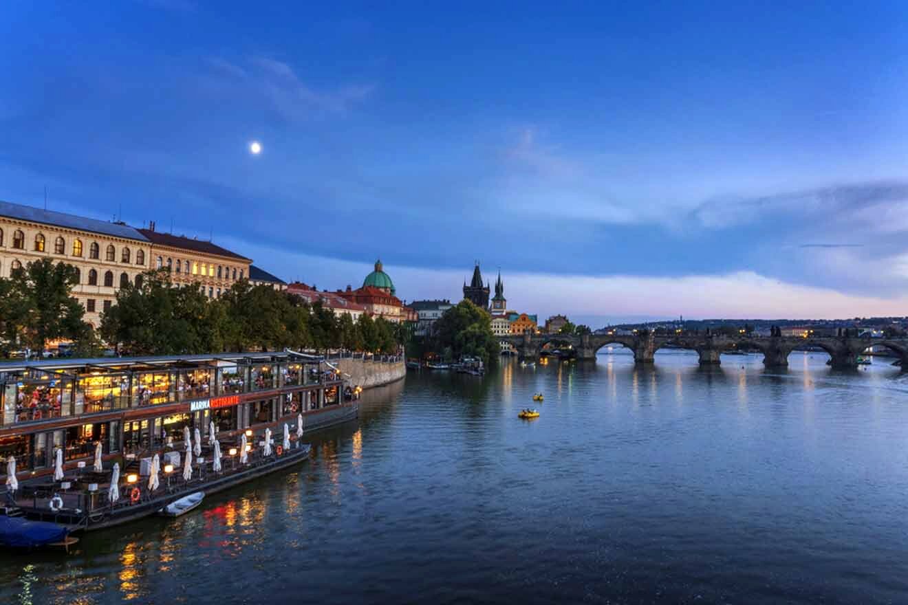 The Vltava river in prague at dusk.