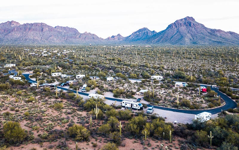 aerial view of RVs at Gilbert Ray campground Tucson Mountains