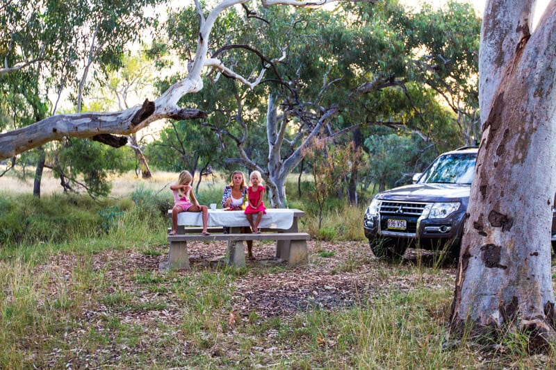 family at picnic table in the bush beside car