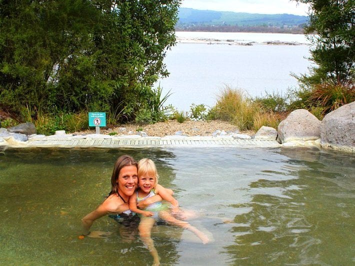 caroline and kaylyra swimming in hot thermal springs Rotorua