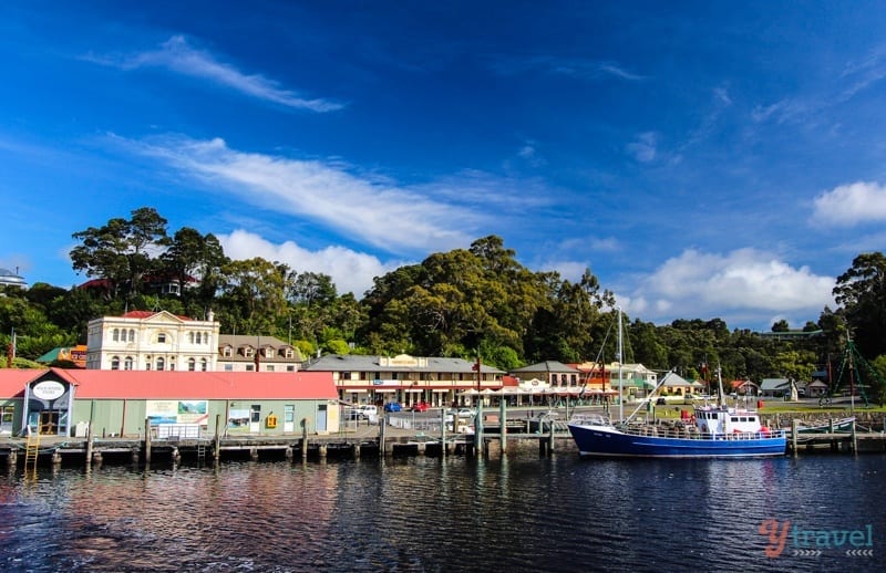 colorful buildings on pier at Strahan, 