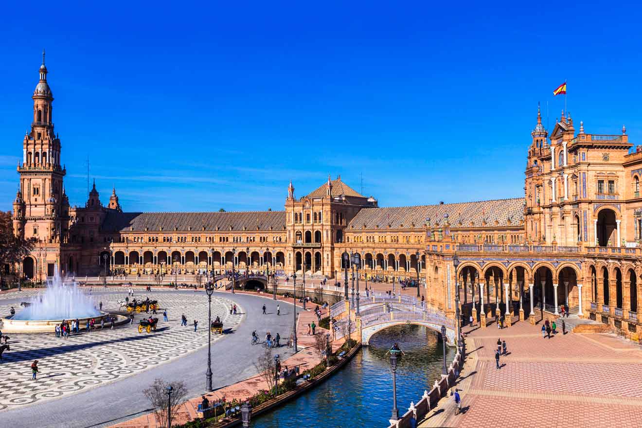 View of a large square with a palace and fountain 