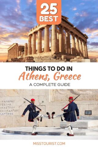 collage of 2 images with the parthenon and 2 local guards dressed in a traditional uniform