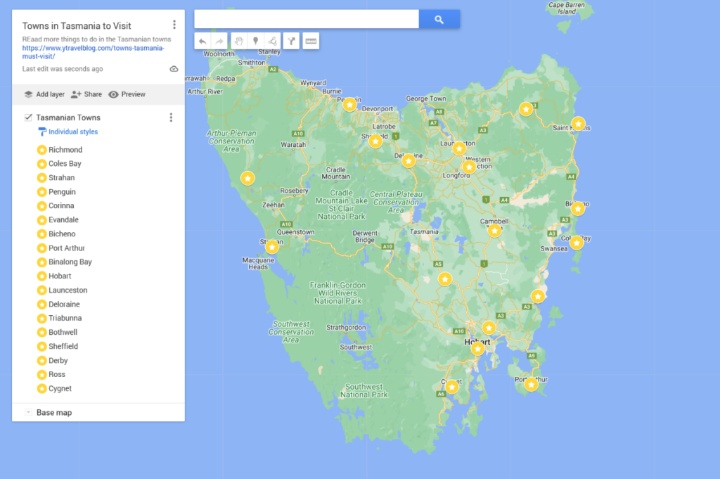 map showing tasmanian towns