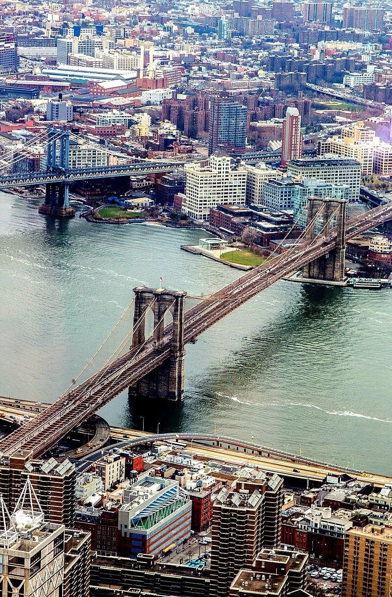 aerial view of brooklyn bridge and river